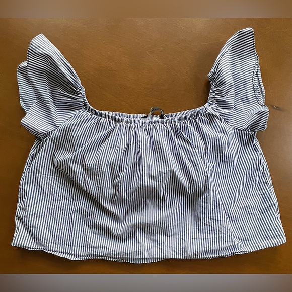 ☎️ Zara Basic Ruffle Sleeve Boat Neck Stripe Crop Top Tank - Picture 1 of 5